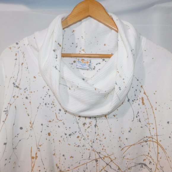 Sea Breeze of California Womens L White Gold Silver Paint Splatter Cowlneck Top - Picture 2 of 12